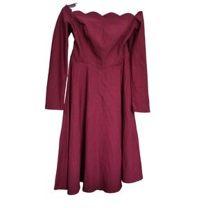 Belle Poque Burgundy Scalloped Off Shoulder Retro Stretch A-Line Dress Large NEW